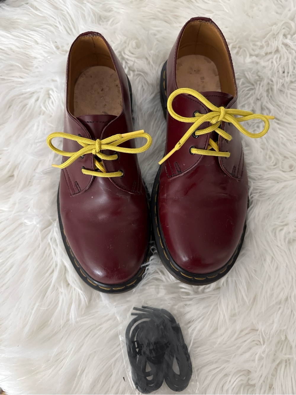 Dr. Martens Burgundy Leather Oxfords with Yellow Laces